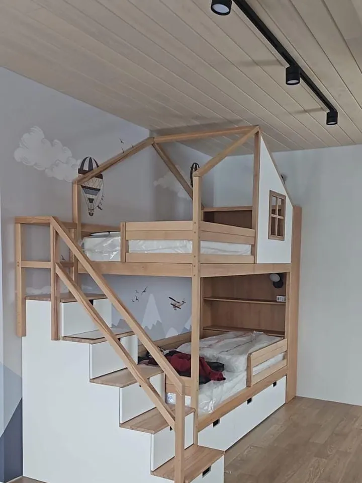 Bunk bed house made of solid beech wood with ladder and chest of drawers