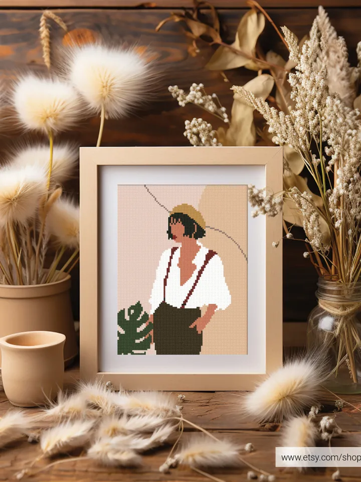 Bundle of 6 woman boho style cross stitch pattern, Floral, nature, girl home decor counted chart gift DIY embroidery beginner instant PDF