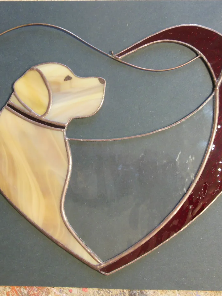 Dog Golden Retriever Labrador in Red Heart . Art Stained glass window hanging Suncatcher , Gift for animal lover , pet loss memorial