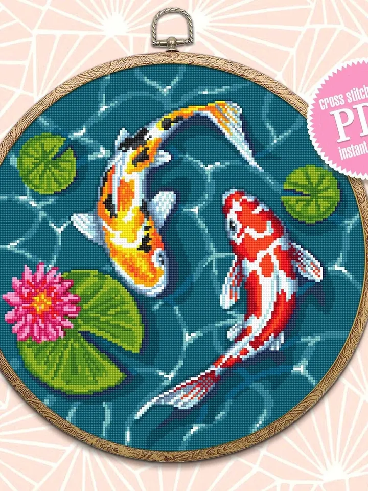 Koi pond cross stitch pattern download PDF Koi fish cross stitch chart, Fish embroidery design, Oriental decor, Water lily cross stitch #L50