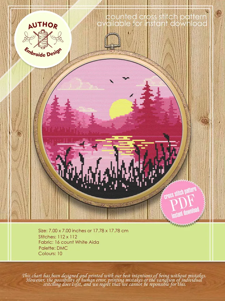 Nature cross stitch pattern download PDF Lake landscape cross stitch Sunset embroidery Forest silhouette xstitch chart DIY Home decor #L15