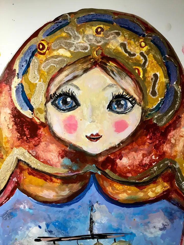 Russian fairytale matryoshka doll painting,original mix media painting on yupo paper,alcohol inks watercolour painting,modern wall art,gift.