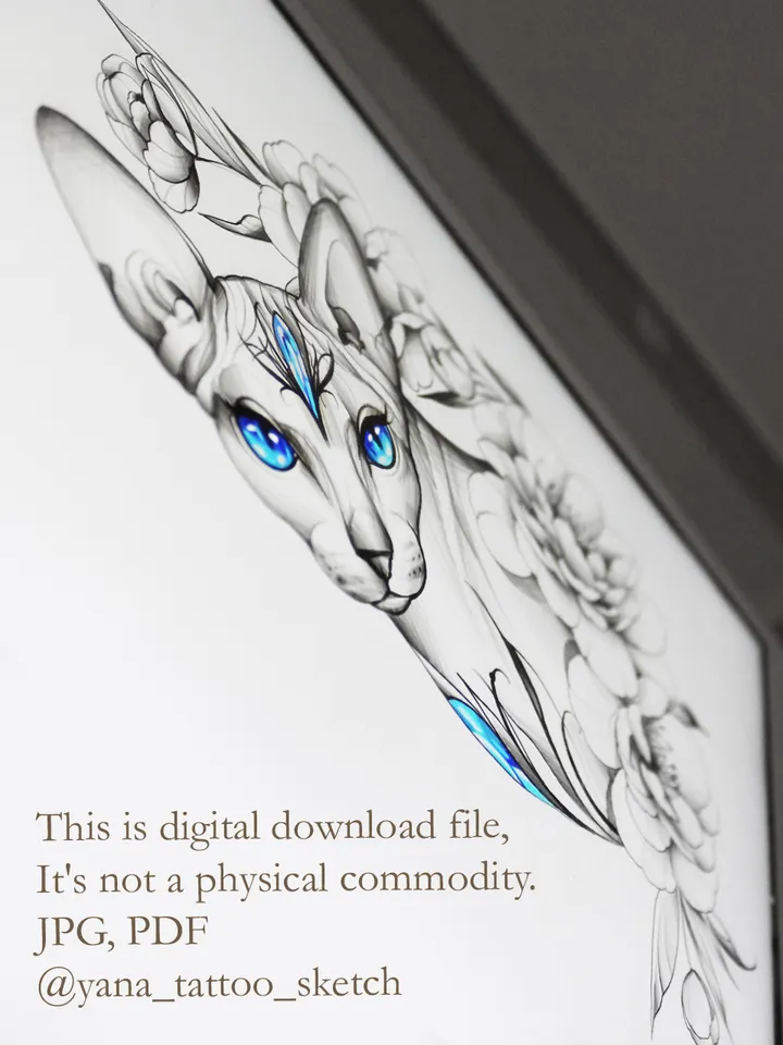 Sphynx Cat Tattoo Design Cat Sphynx Tattoo Idea Stencil Sketch, Instant download PDF, JPG