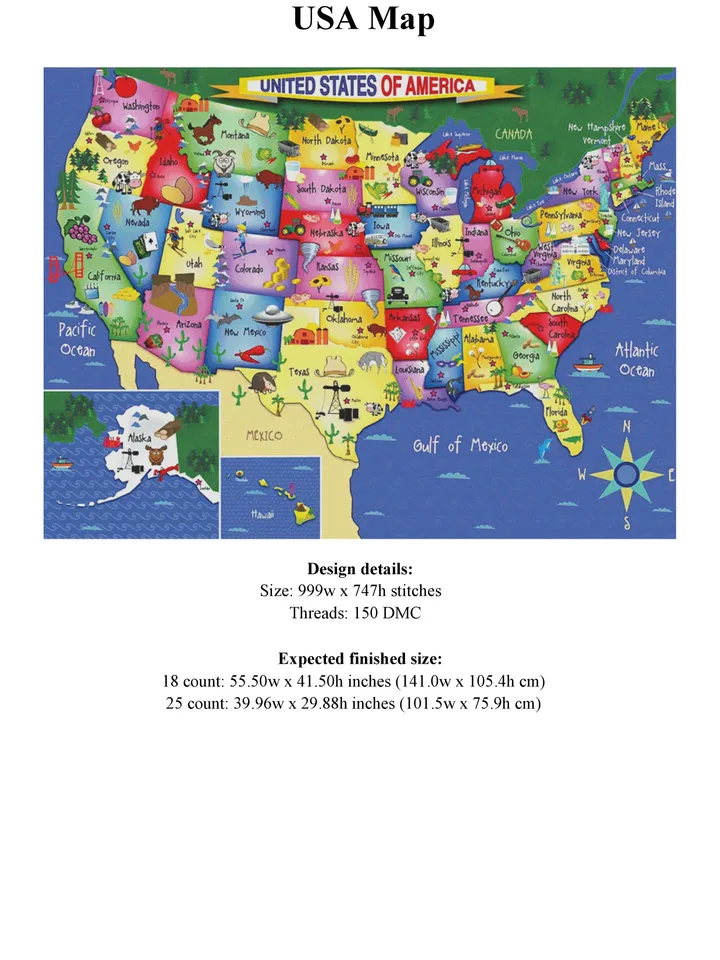 USA Map Cross Stitch Pattern / States Of America Map Cross Stitch Chart / United States Map Cross Stitch PDF Chart