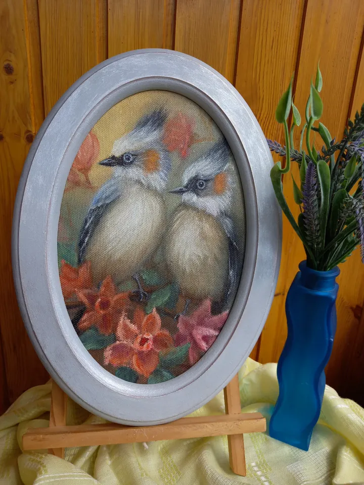 Bird original oil painting with a frame 25x35 cm