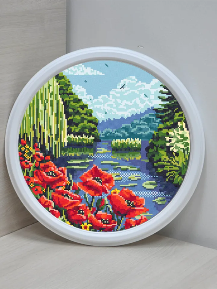 Nature landscape cross stitch pattern download PDF Flowers cross stitch poppies Modern landscape embroidery PDF Nature lover gift #L4