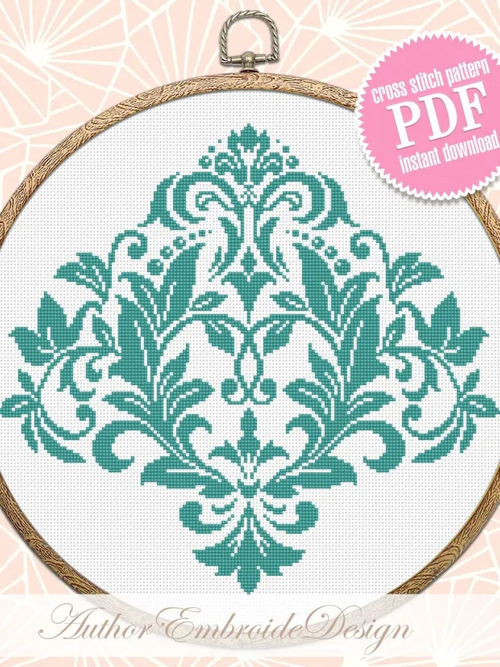Floral damask ornament cross stitch pattern PDF download Flower mandala cross stitch chart, Damask pattern digital PDF, Floral scroll #M257