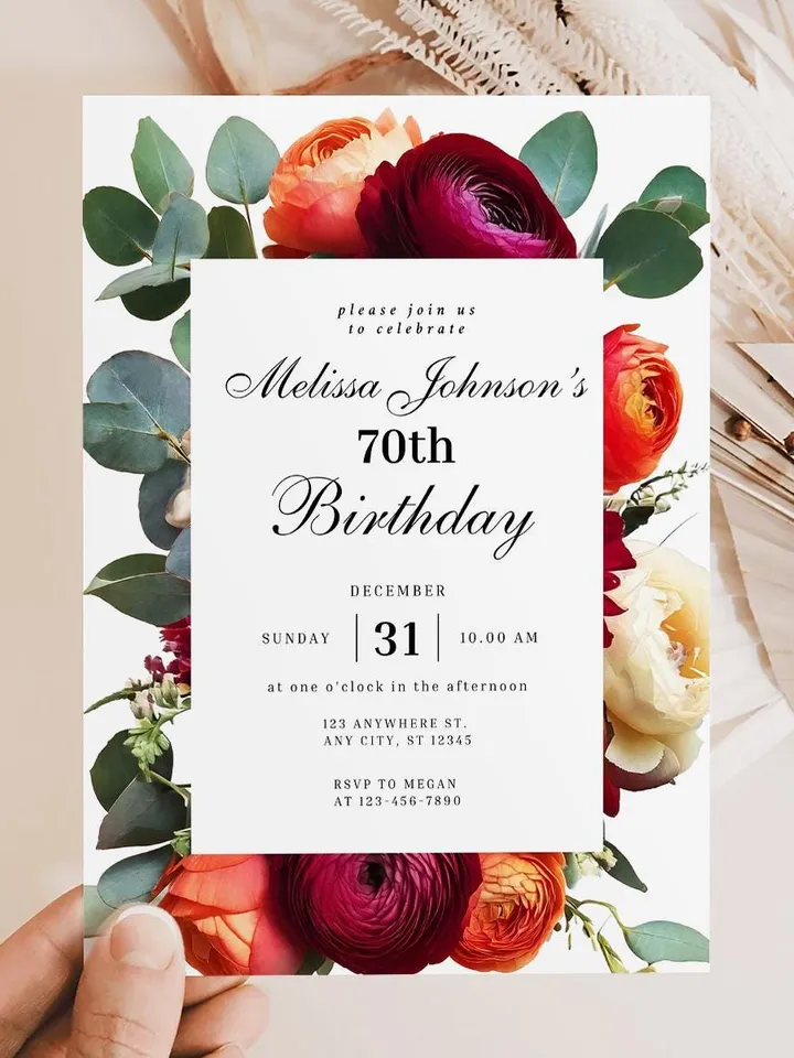 70th Birthday Invitation Elegant Floral Birthday Evite, Burgundy Peach Ivory Ranunculus Eucalyptus 75th Printable Invite canva template