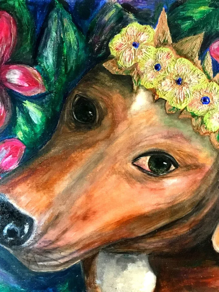 Spaniel dog painting,Spaniel dog in diadema of flowers in a tropical forest,original painting,specialized modeling paste.Home decoration.