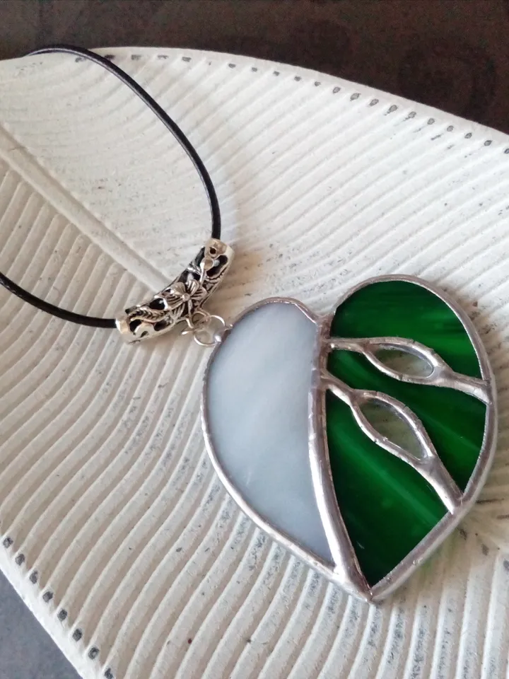 Stained glass monstera albo necklace, Monstera plant leaf pendant, Nature stained glass, Glass jewelry