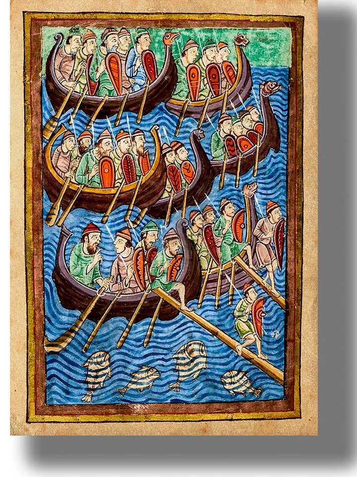 The Vikings ships. Ancient manuscript print. Pagan artwork. Scandinavian warriors reproduction.