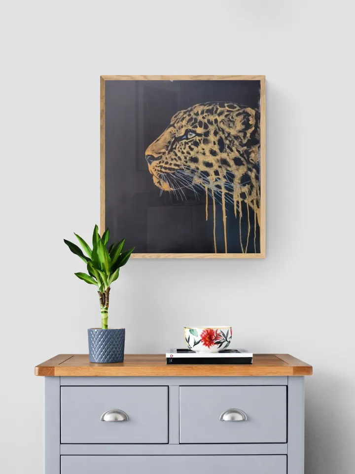 Leopard painting Gold paint minimalistic wall art on canvas