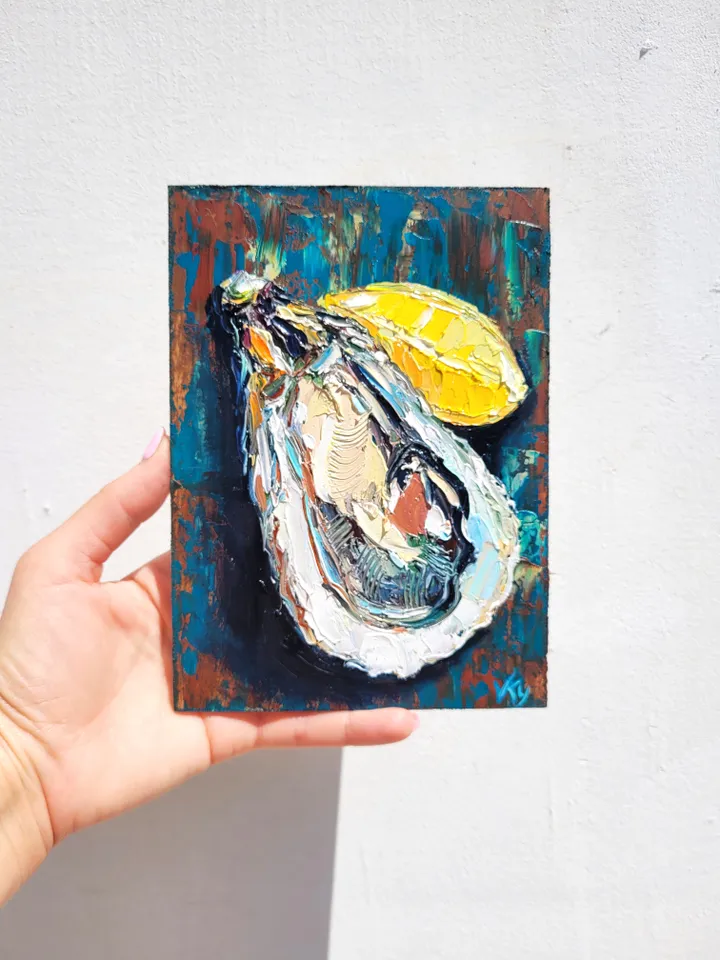 Oyster Painting Coastal Decor Impasto Oil Painting 5x7 Shell Original Art Seafood Art Oyster Shell Wall Art Kitchen Wall Art Food Painting by ArtFromVictoria