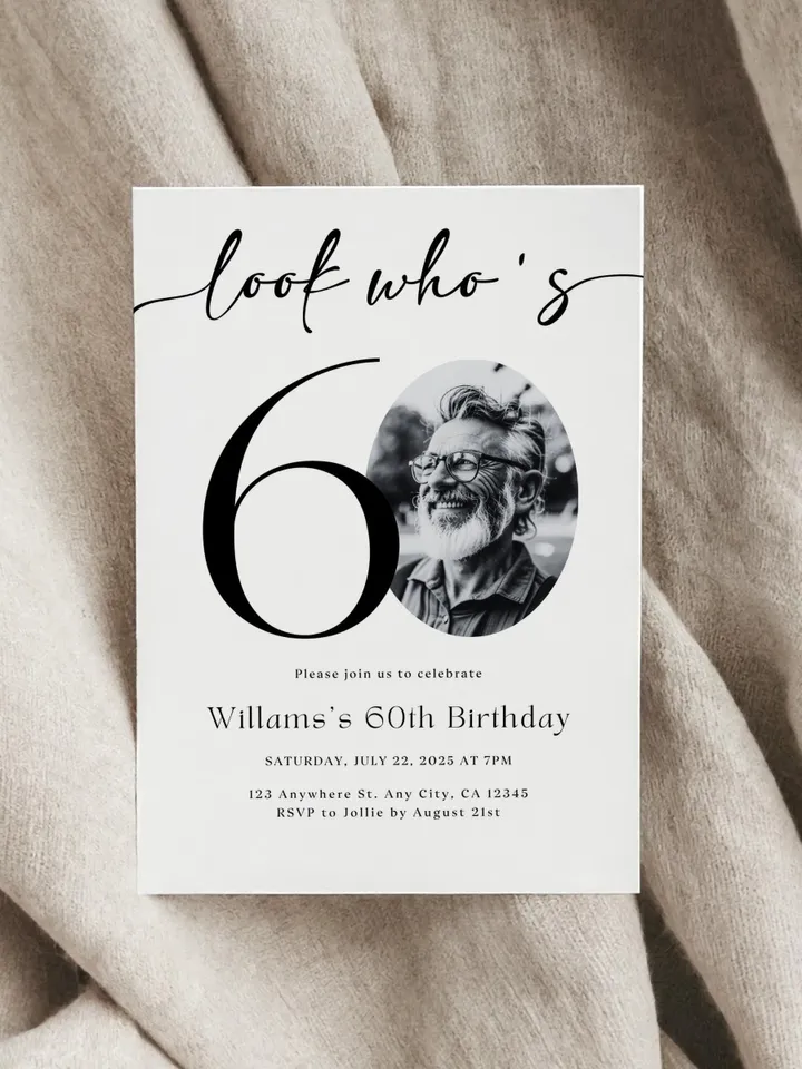 Look Who's 60 Funny Birthday Invitation, 60th Invitation with photo, 60th Birthday Invitation for Men, Simple 60th Invite, Male 60th Invites