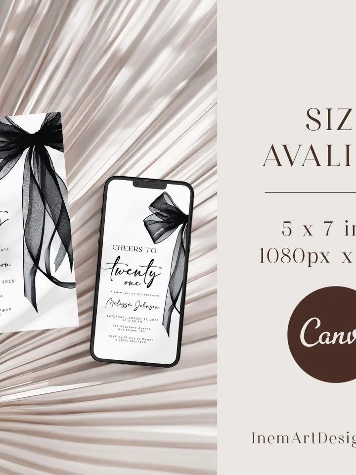 Coquette Black Bow 21st Invitation, Editable Twenty first Birthday Party Invite, DIY Digital Black Ribbon, Cheers to Twenty one Invite