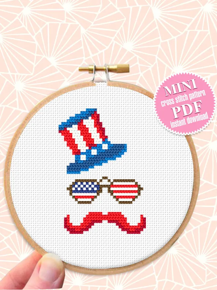 USA hat cross stitch pattern PDF download Independence Day 4th of July, Patriotic cross stitch chart, Uncle Sam Hat Mini cross stitch #T19