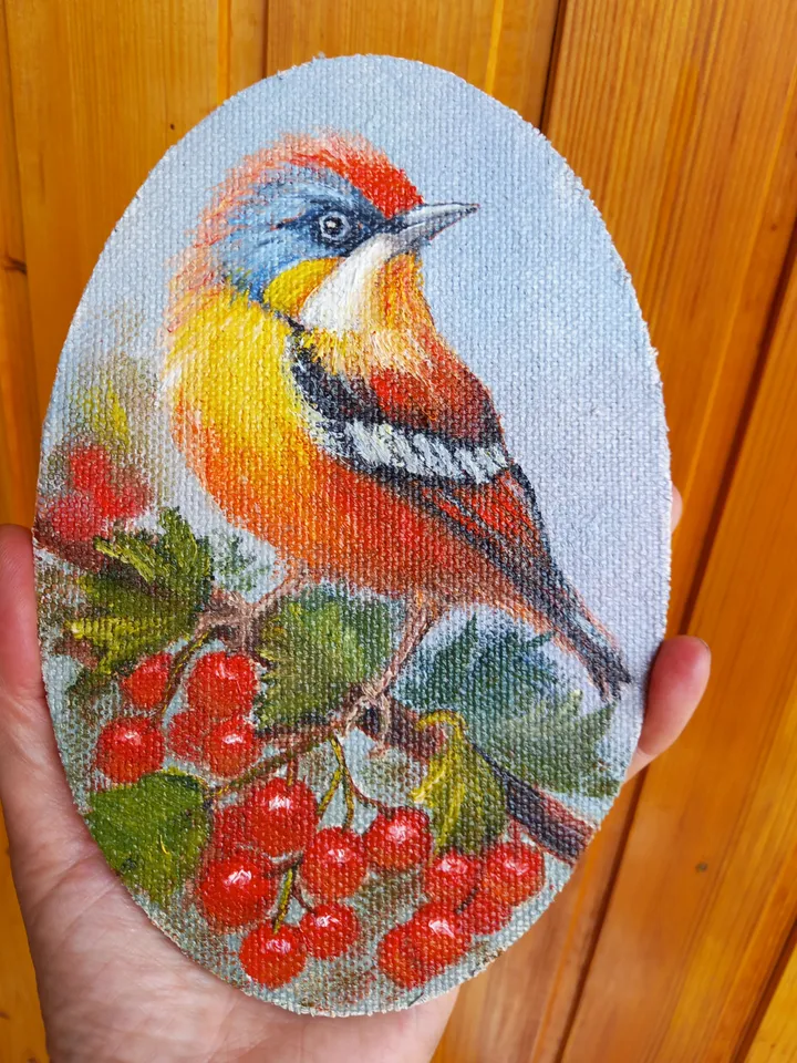 Bird original oil painting with a frame 15.5x21.5 cm