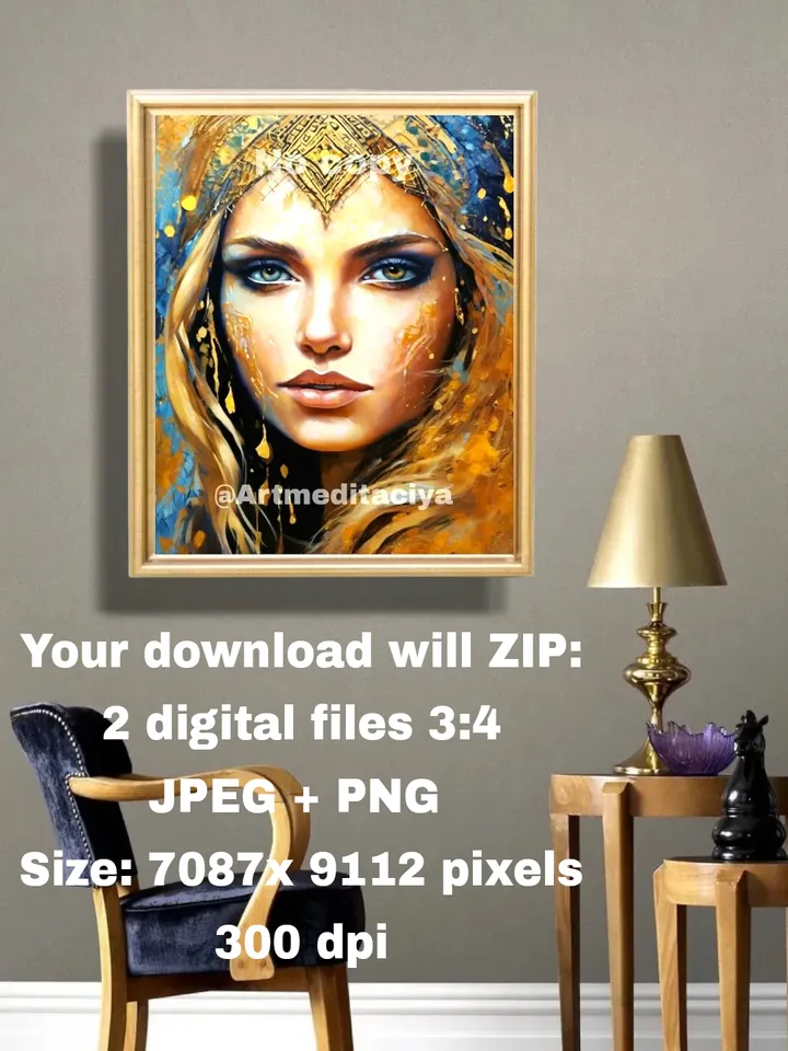 Modern digital painting "A girl of European appearance with blue-green eyes in a golden ethnic headband" on an abstract blue-blue background with golden drops, made in the style of oil painting