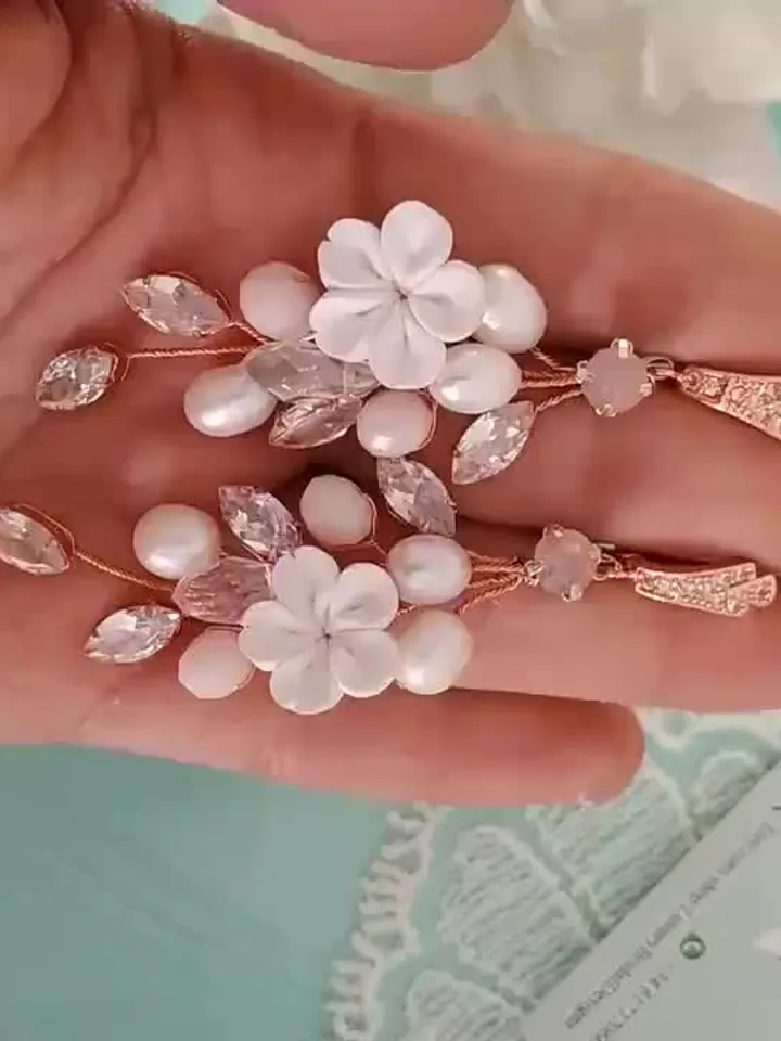 Diamond Rose Gold Wedding Earrings, Chandelier Statement Earrings, Floral Wedding Jewelry, Boho Wedding Earrings, Boho Bridal Earrings
