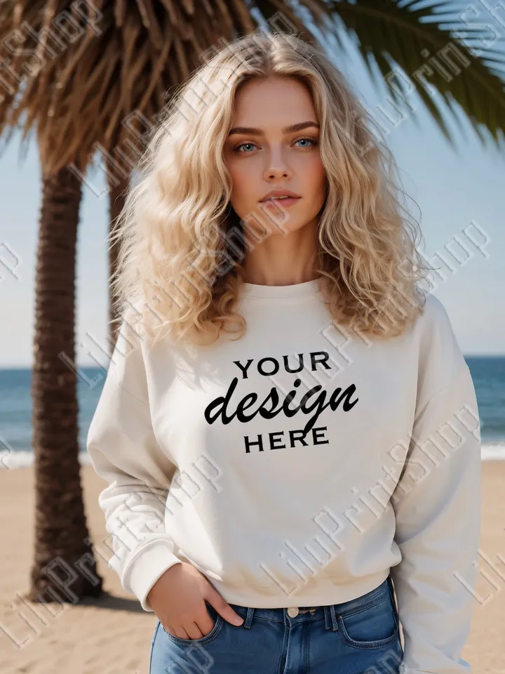 Woman white Sweatshirt model lifestyle Mockup JPG , girl's Long Sleeve mockup. Summer mockup digital Instant download