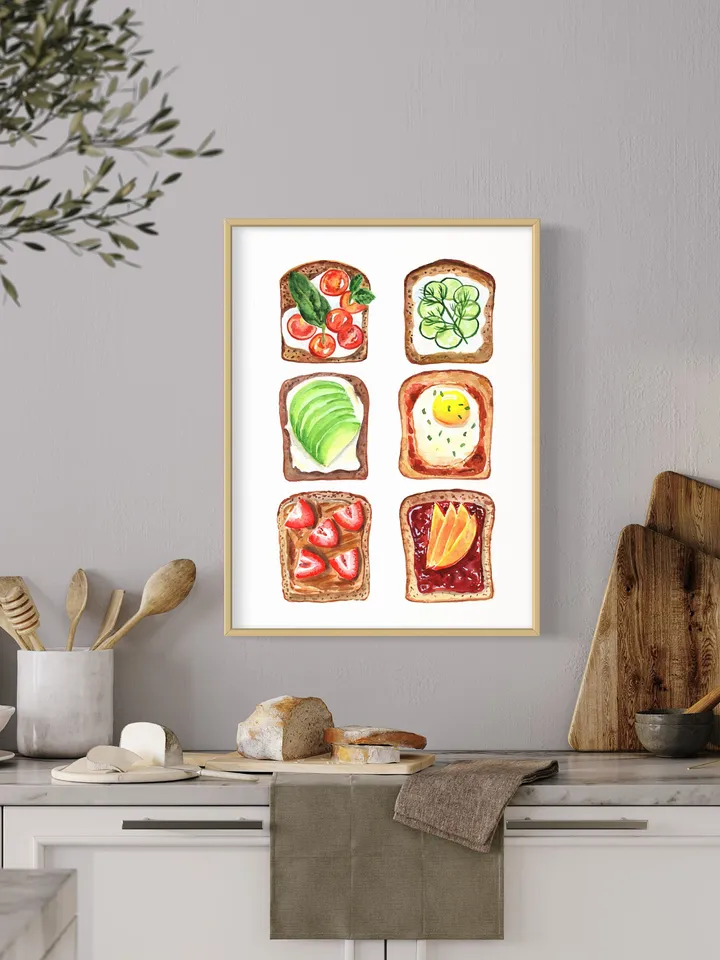 Food Poster Watercolor Painting Breakfast Art Print Kitchen Wall Decor Pop Food Art Avocado Toast Print Egg Wall Art Funny Gift Food Art