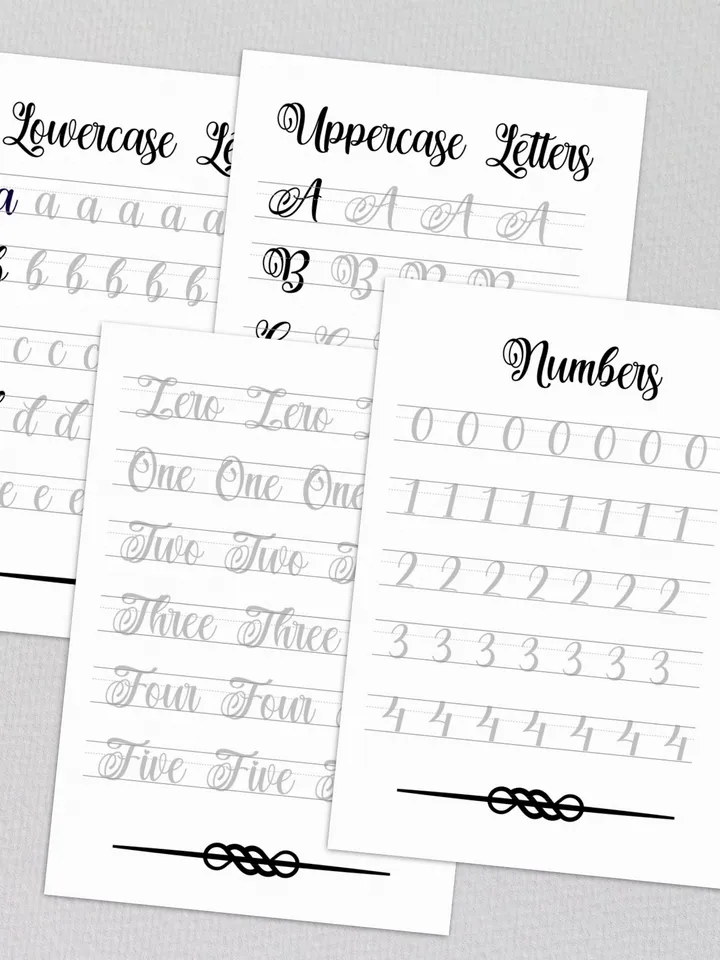 Calligraphy tracing worksheets, handlettering practice, font design