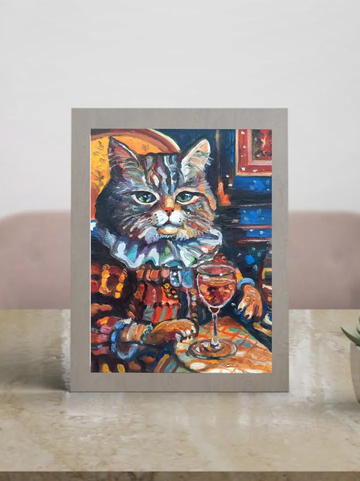 Funny Cat grey with a glass Oil Painting Impasto Artwork Oil on canvas 8*6 inc