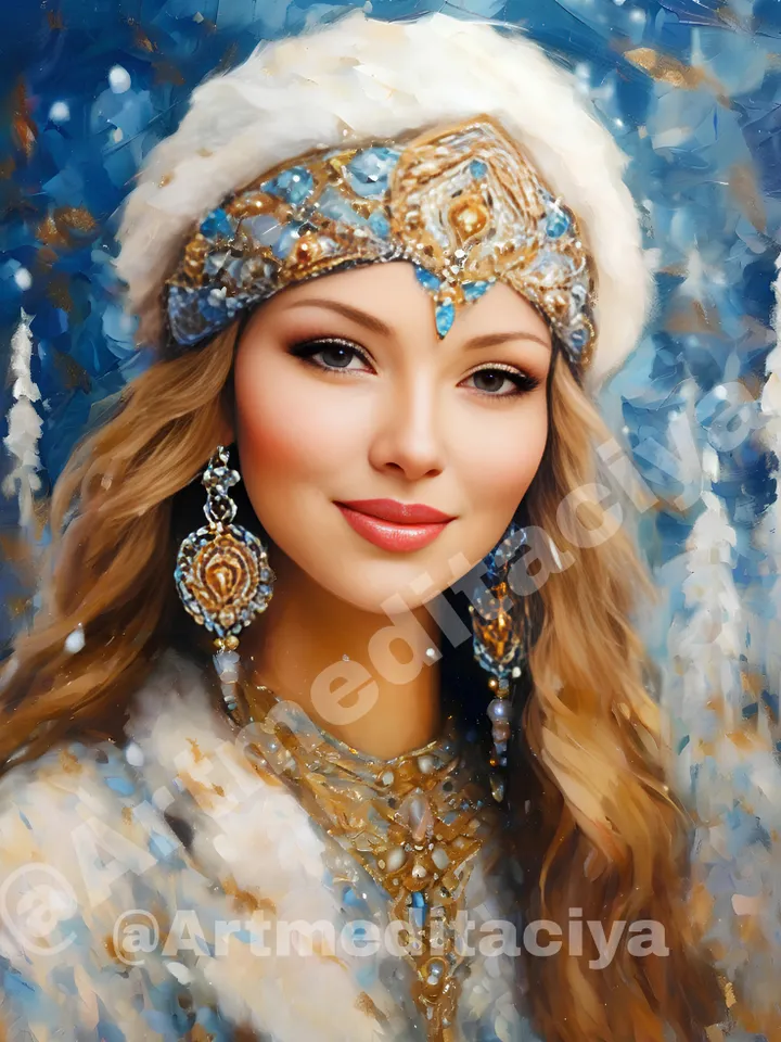 Digital abstract textural painting "Russian Snow Maiden", blonde with blue eyes in a luxurious winter headdress and white fur coat on an abstract background of a winter forest, made in the ethnic style of oil painting with a palette knife