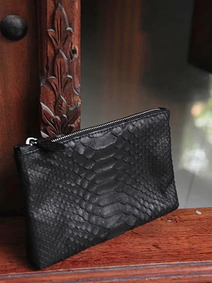 Genuine python skin black cosmetic bag/ Purse Insert Organizer/ Bag Insert For Tote Bag/ exotic leather wallet / small snake skin clutch