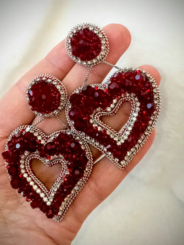 Crystal statement Red heart shaped earrings for women-big love earrings- dangle valentines earrings-heart gift for her