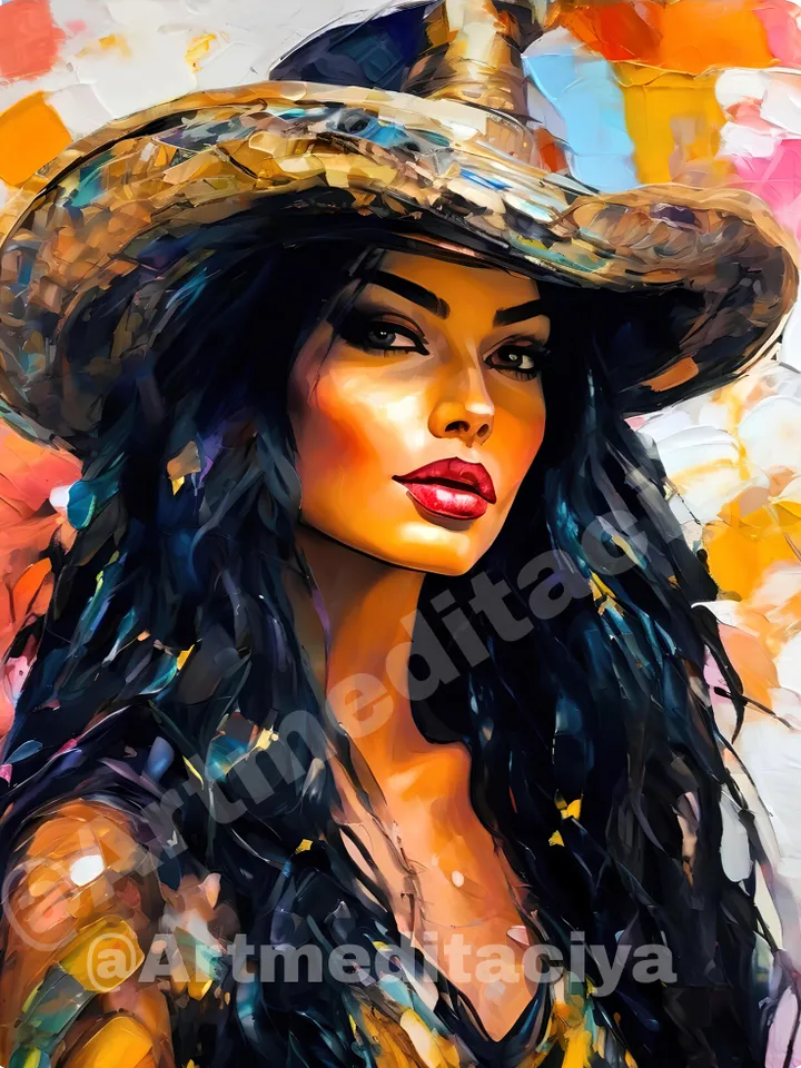The digital textural painting "A Mexican girl in a sombrero", made in the style of oil painting with an impasto palette knife on an abstract multicolored background, is an image of a burning charismatic long-haired brunette in a wide-brimmed hat