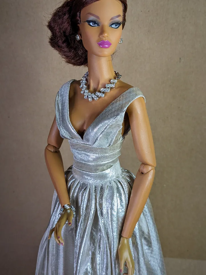Silver pleated evening dress for 16 inch fashion doll