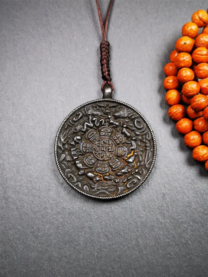 Gandhanra Vintage Tibetan Buddhist Amulet,Calendar Badge,Melong Mirror, SIPAHO Pendant(srid pa ho),Made of Thokcha,40 Years Old