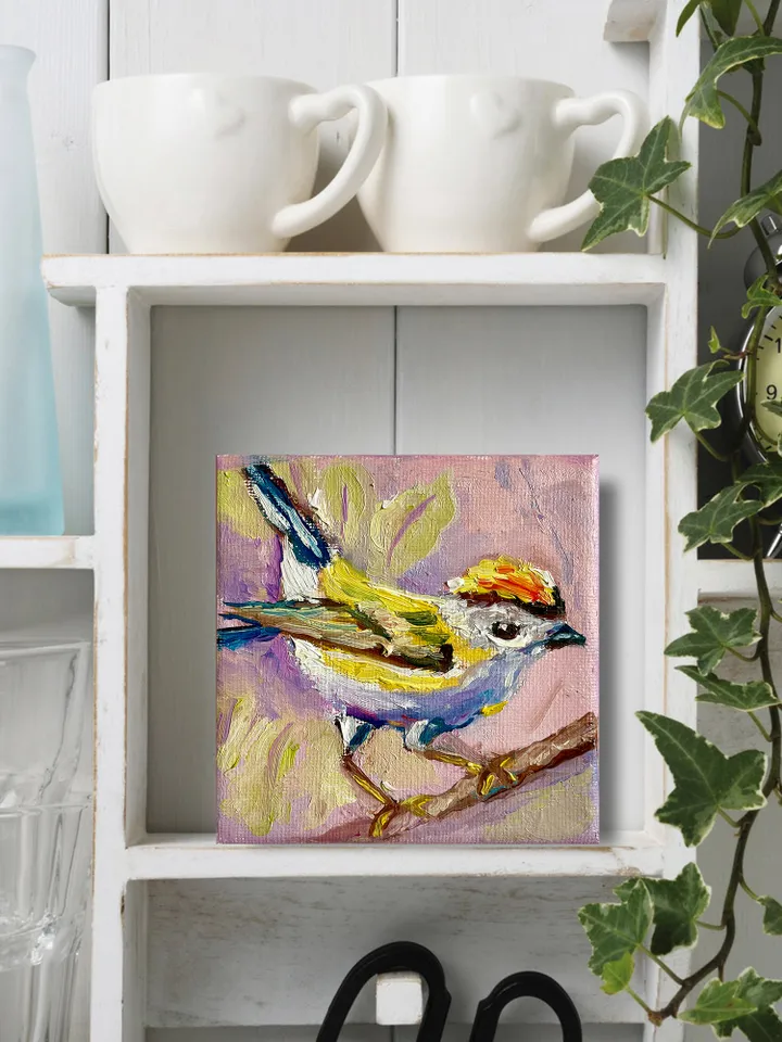 Chickadee Painting, Bird Art Original oil Painting on Canvas, Wildlife Wall Art, Miniature Artwork 4"x 4"