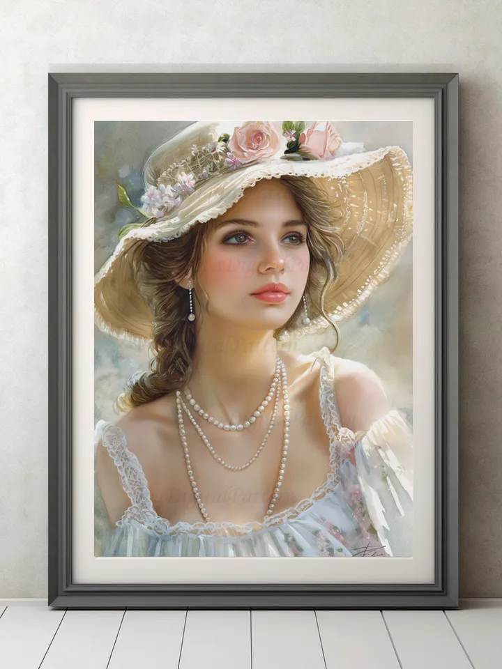 Digital illustration.French woman. Romantic girl with a hat. Digital painting. Wall decor in pastel colors. Parisienne. Instant download.