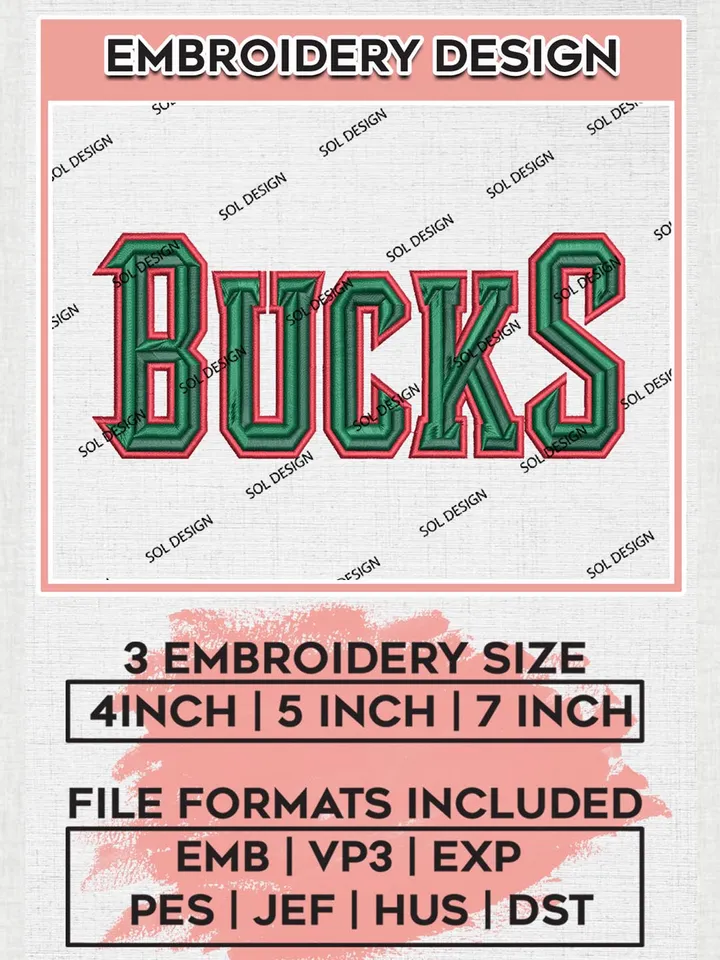 NBA Milwaukee Bucks Text Logo Machine Embroidery Designs, Milwaukee Bucks Embroidery Design Files, NBA Logo Machine Embroidery, NBA Embroidery Design, Digital Download