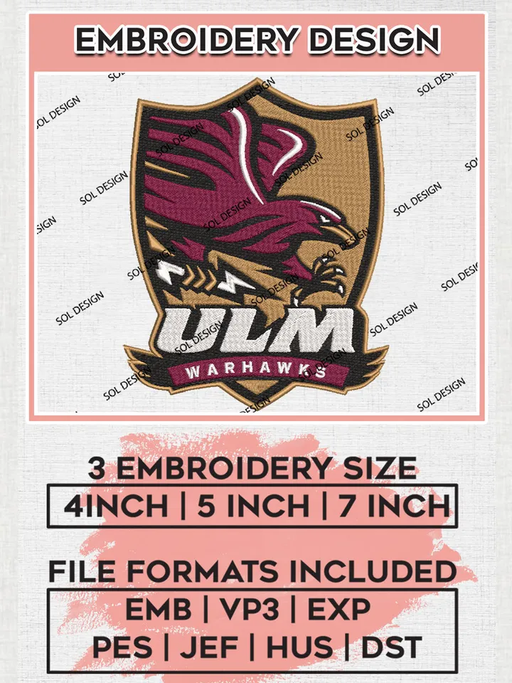 NCAA UL Monroe Warhawks College Football Team Logo Embroidery Design Files, NCAA UL Monroe Warhawks Machine Embroidery, NCAA Teams, Game Day, 3 sizes, NCAA Machine embroidery designs, Digital Download