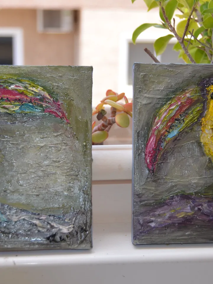 Parrots diptych ,original oil painting on stretched canvas, gift, home decoration,exotic birds painting,small painting wedding gift.