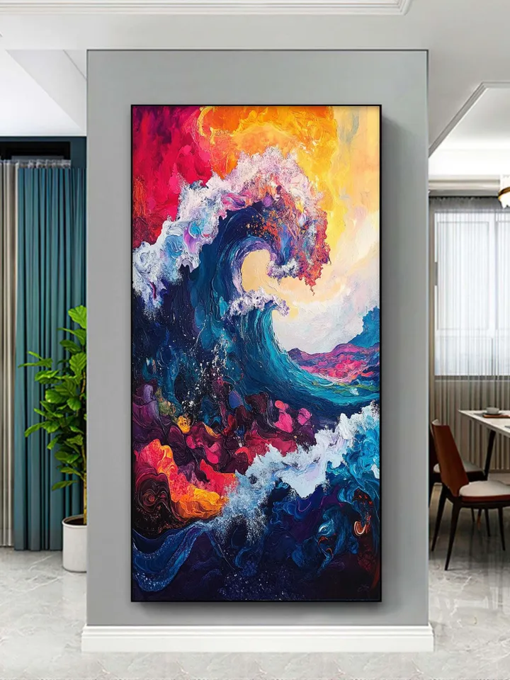 Original Hand-Painted Abstract Oil Painting on Canvas | Colorful Ocean Wave Art | Stunning Red, Blue, Yellow Decor for Living Room or Office
