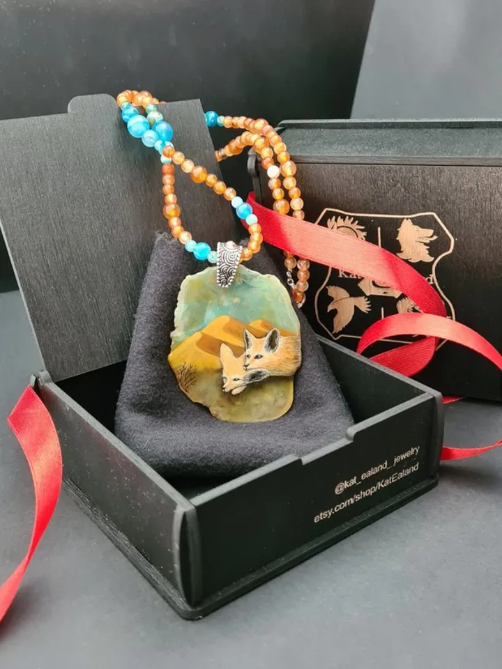Desert fox fenech necklace with big ears Hand painted jewelry miniature painting