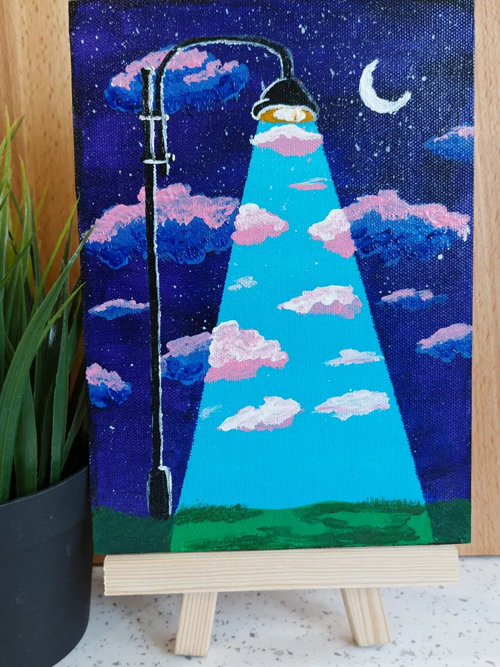 Mini painting with the image of the "Lantern of dreams", Original execution, Painting on the panel