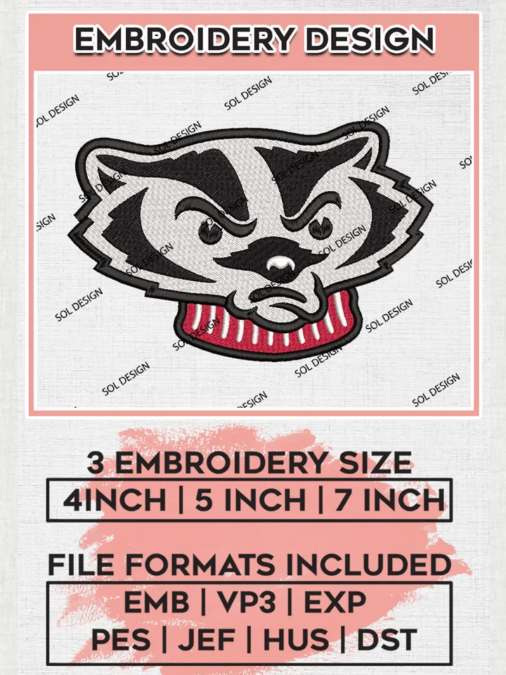Wisconsin Badgers Embroidery Designs, NCAA Logo Machine Embroidery Files, NCAA Wisconsin Badgers Logo, NCAA Embroidery Designs, Machine Embroidery Designs, Digital Download