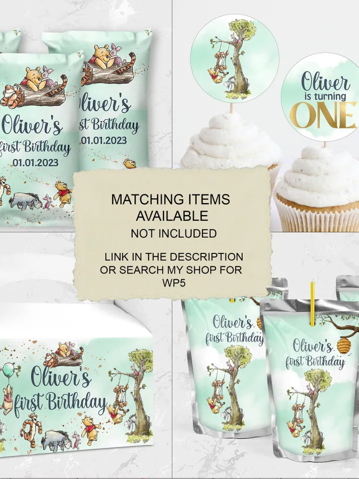Editable Gable Box Label Hundred Acre Wood First Birthday party gable box label; Winnie the Pooh Party; Classic Pooh Party Birthday ; wp5