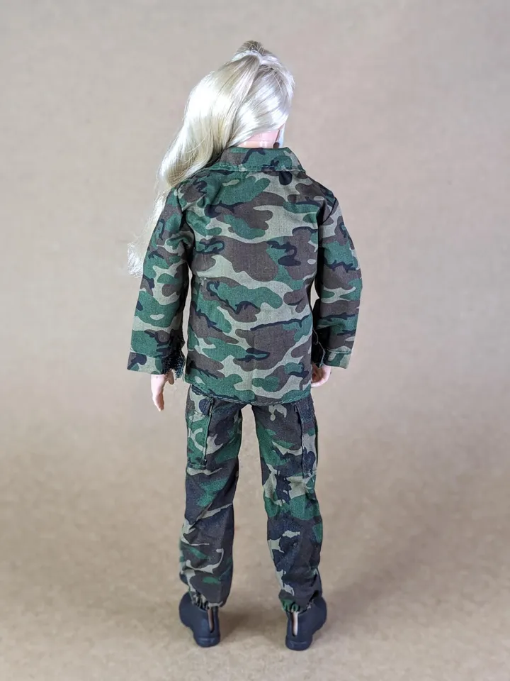 Military-style camo jacket, pants, and backpack for 12-inch fashion male dolls