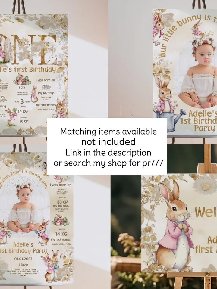 Editable and Printable Custom Sign template for 1st Baby Birthday party in Peter Rabbit style instant download and unlimited access pr777