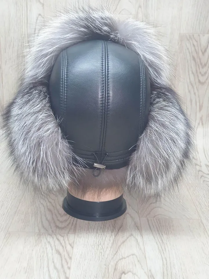 Men's silver fox hat, Winter hat for men, Genuine leather hat top, Fur hat with earflaps "Pilot". Warm men's hat