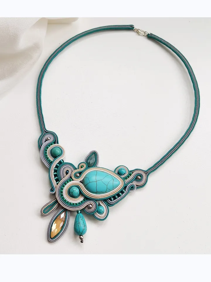 Turquoise statement necklace, Soutache embroidered necklace with natural stone, Blue bib necklace