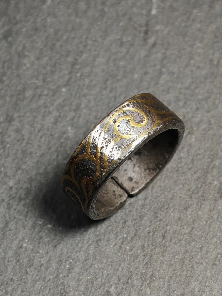 Gandhanra Unique Tibetan Cloud Pattern Ring | Cold Iron & Copper Inlay | Adjustable US Size 10 | Protection Jewelry
