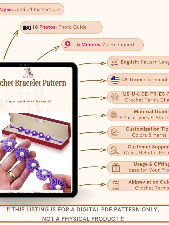 Crochet Bracelet Pattern, PDF Tutorial Beaded Floral Jewelry DIY, Elegant Wrist Accessory Gift for Handmade Jewelry Lovers