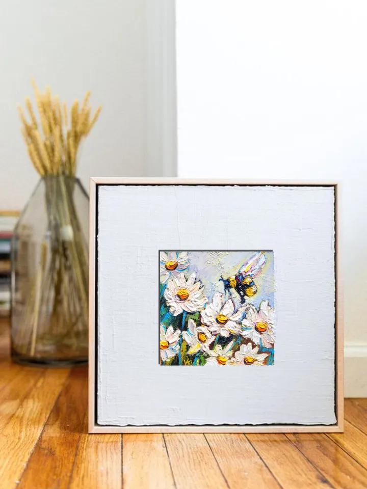 Daisy Painting Bumble Bee Painting Original Impasto Oil Painting 6x6 Honey Bee Wall Art Daisy Artwork Bee and Flower Art Christmas Gift by ArtFromVictoria